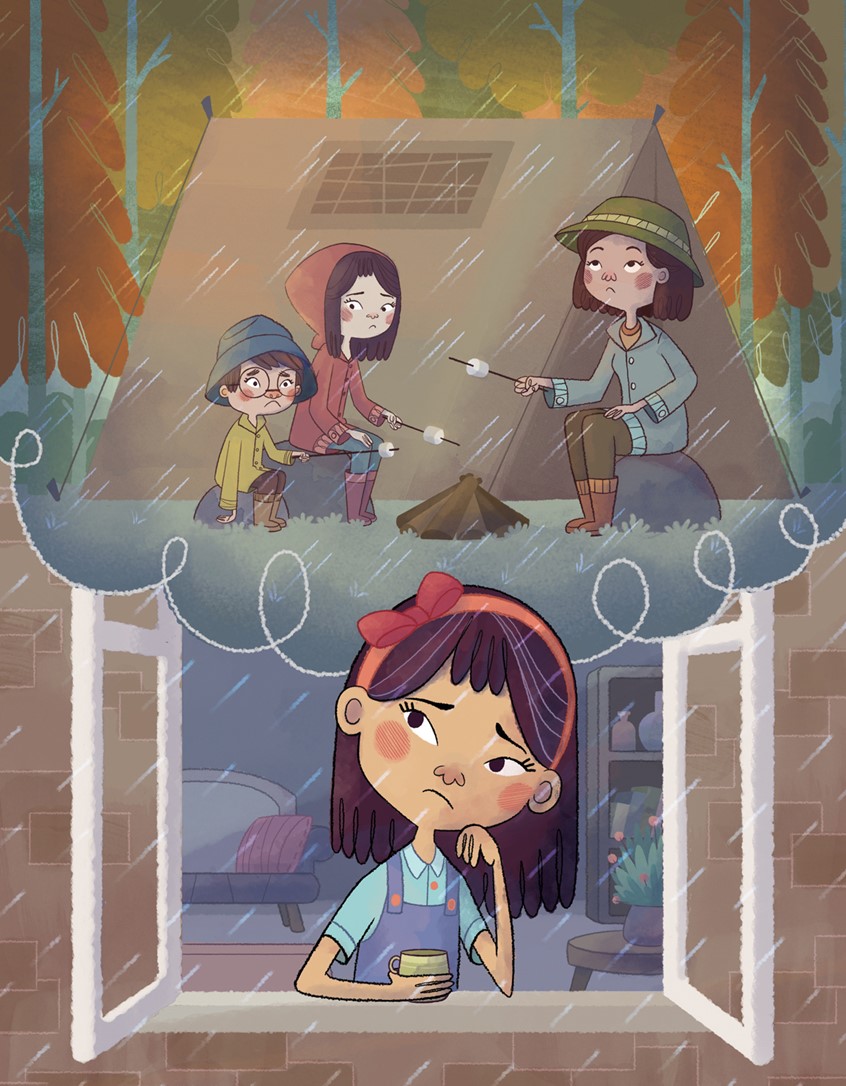 illustration of Dharmali Patel, Illustration Online LLC, Children's Books, Children's art, kids books, imagination, let down, wanna play, it's raining, weather., camping, tent