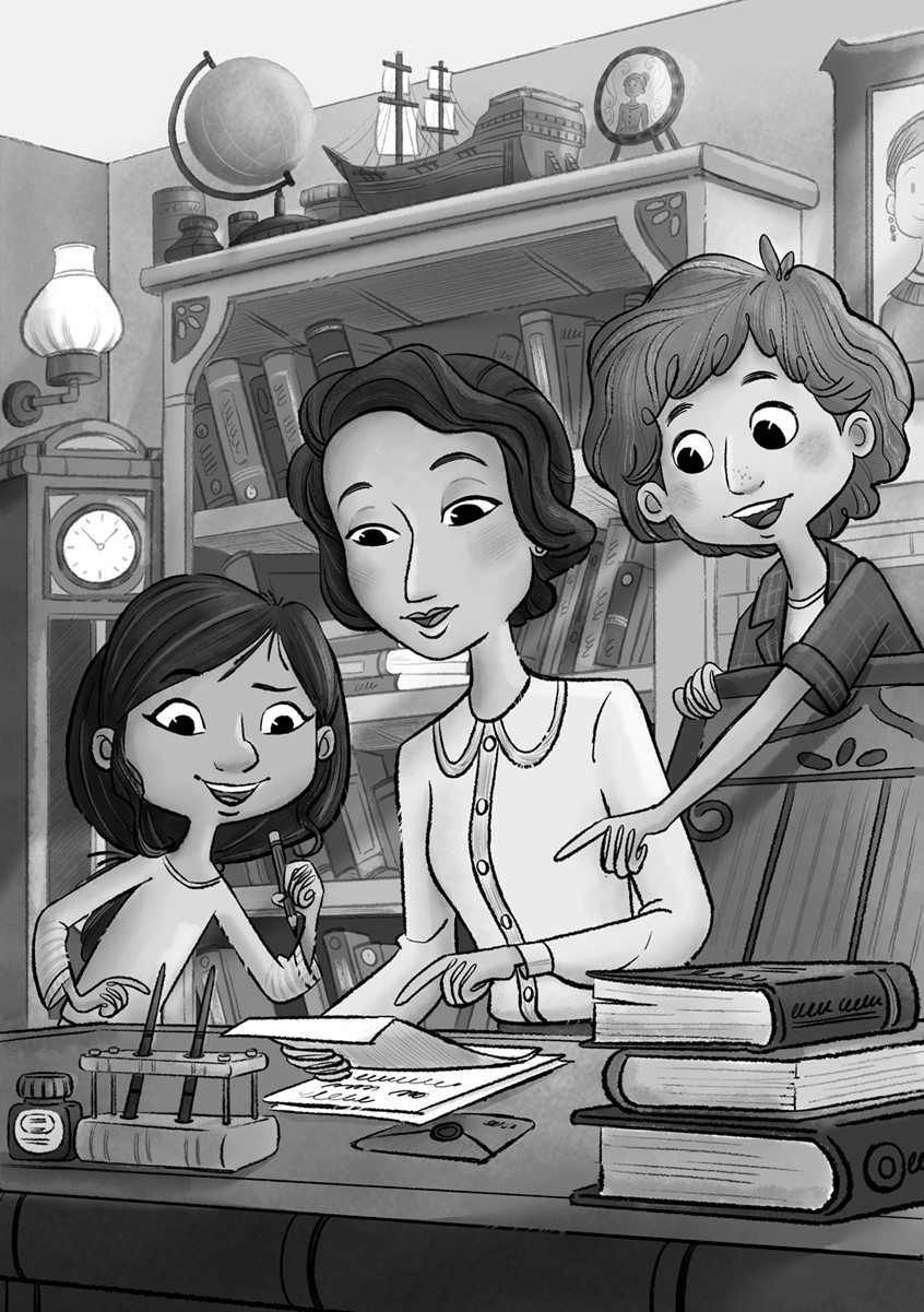 illustration of Dharmali Patel, Illustration Online LLC, Asha and Baz, Children's Books, Children's art, kids books, tree wisdom, love. Learn, series, STEM, adventure