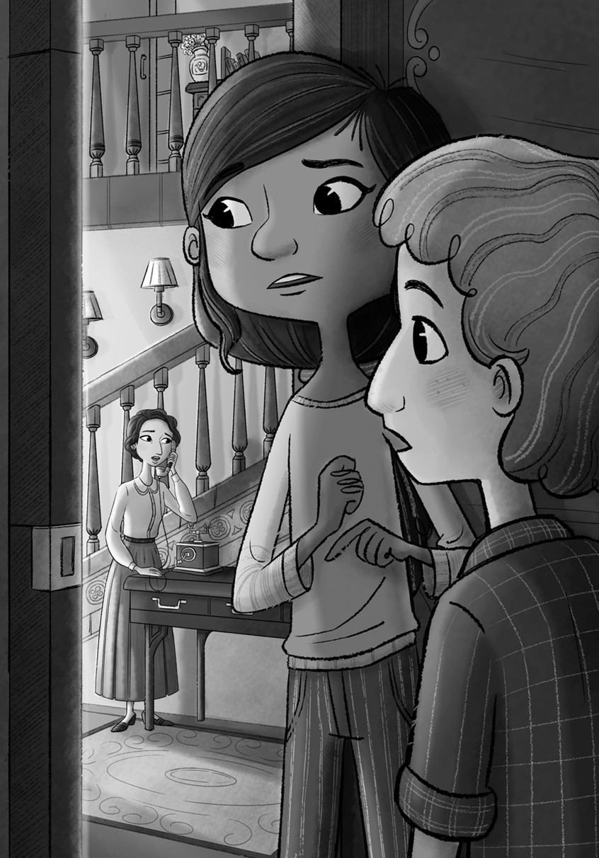 illustration of Dharmali Patel, Illustration Online LLC, Asha and Baz, Children's Books, Children's art, kids books, tree wisdom, love. learn, series, STEM, adventure, eavesdropping, overheard, oh no!