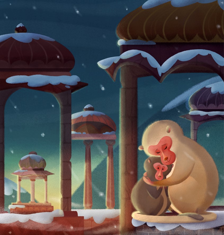 illustration of Dharmali Patel, Illustration Online LLC, Children's Books, Children's art, kids books, love, momma and baby, mom and baby, snow, cold, winter, night, nurture, special