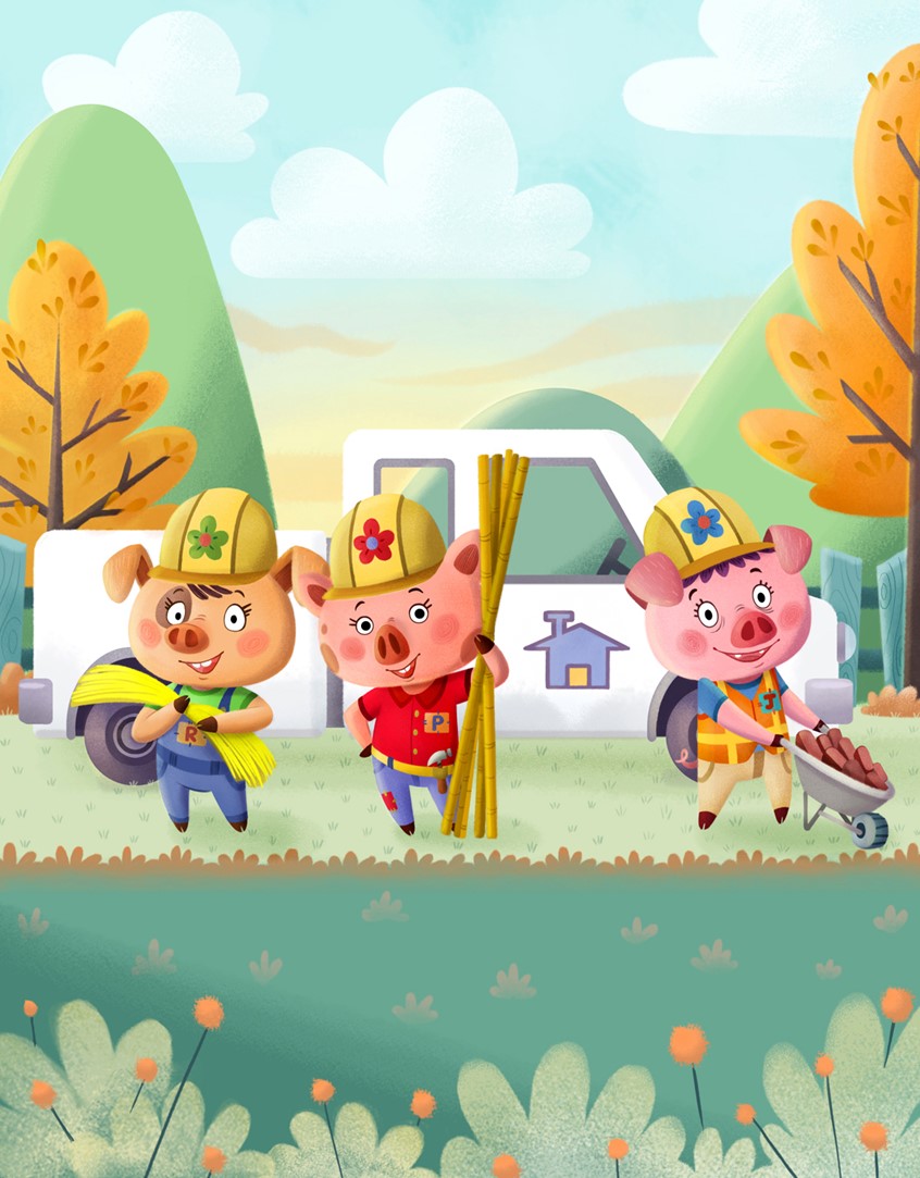 illustration of Dharmali Patel, Illustration Online LLC, 3 Little Pigs, Children's Books, Children's art, kids books, huff, puff, blow, house, builder, siblings, pigs, pig, piglets, fairy tale
