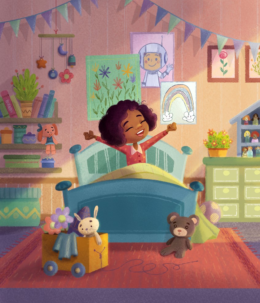 illustration of Dharmali Patel, Illustration Online LLC, Children's Books, Children's art, kids books, good morning, sun ray, light, happy, awake, rise and shine, bedroom, toys, stuffies, posters,