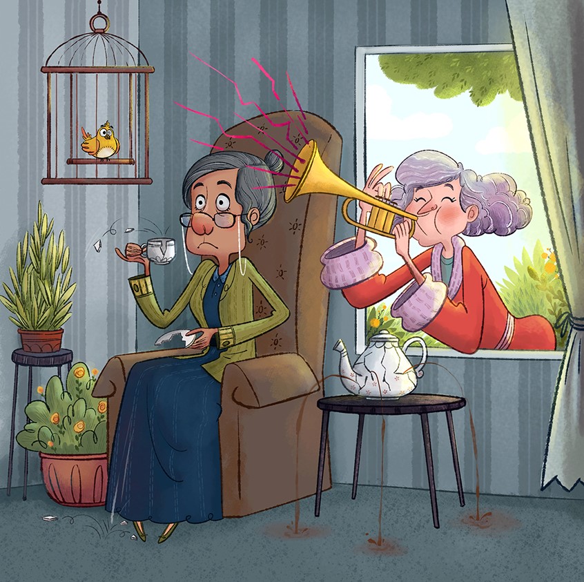 illustration of Dharmali Patel, Illustration Online LLC, Children's Books, Children's art, kids books, blow your horn, toot, bird, wake up, coffee, tea, bird in a cage, tea pot