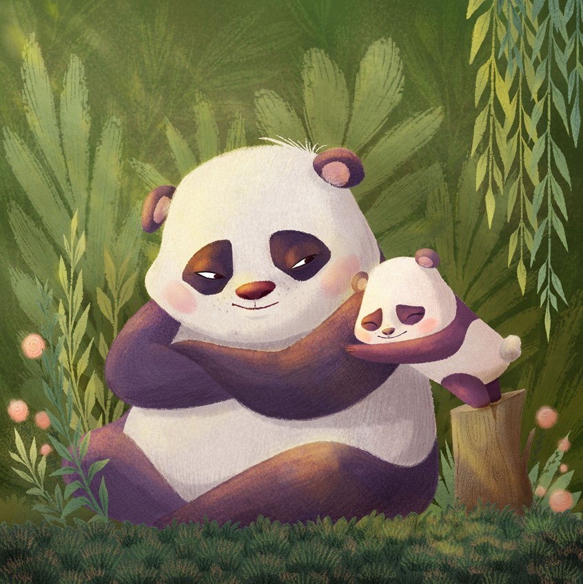 illustration of Dharmali Patel, Illustration Online LLC, Children's Books, Children's art, kids books, panda, pandas, mom and cub, love, sleep, nurture, nature, bamboo, forest, bears, bear