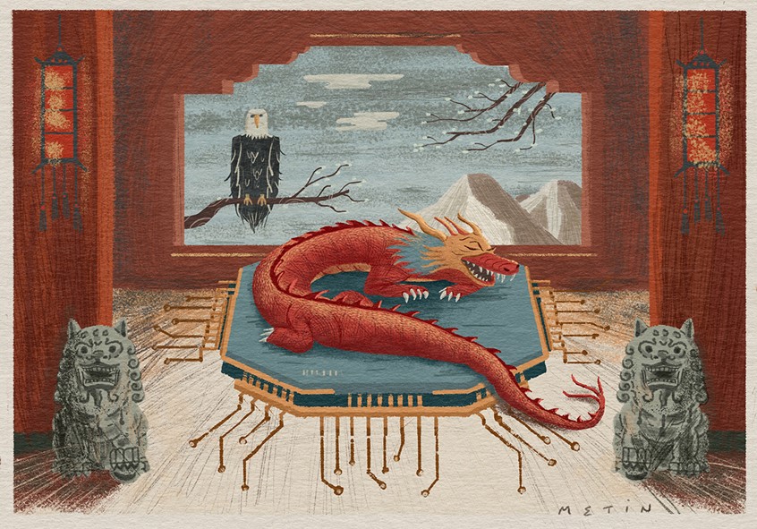 illustration of Editorial illustration about the U.S.-China chip war. Despite the U.S. ban on its chip industry, China is determined to be a self-sufficient, frontrunner in the chip-making industry.