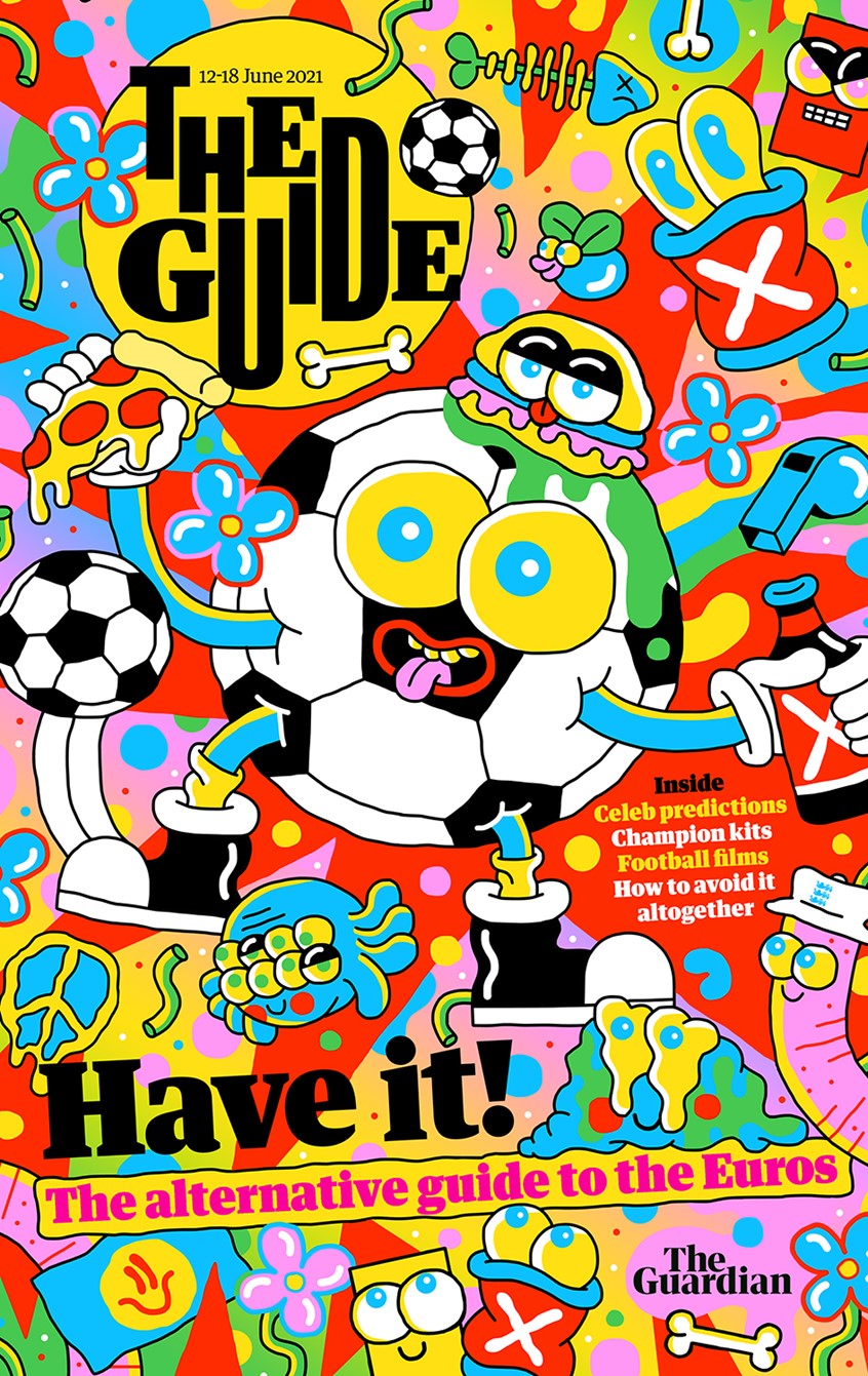 illustration of Football Guide for the Guardian front cover. Featuring cooky characters and cartoon designs.
worms, football, pizza, random, doodle, colourful, florals, peace, magazine, editorial