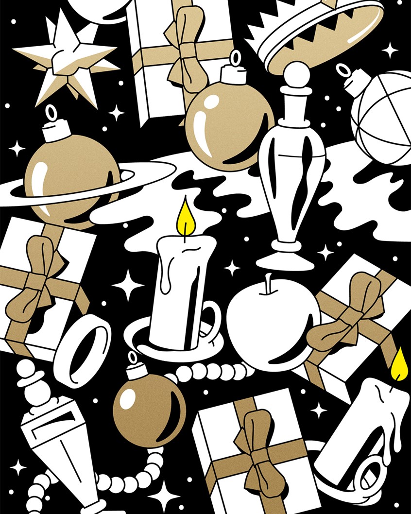 illustration of Illustrations for Unsaid Jewellery's Christmas packaging. Featuring a wrap around pattern printed with spot foiling, an accompanying postcard is included with the illustrations incorporated into typography.