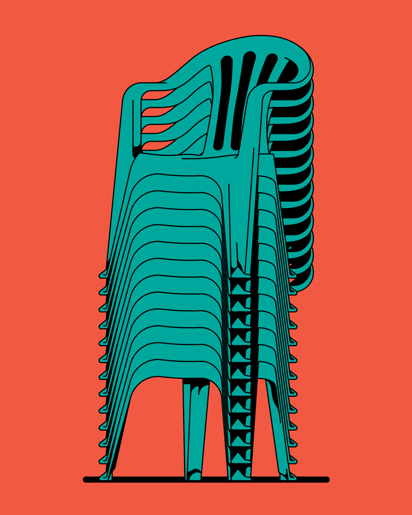 illustration of A stack of Monobloc chairs. The Monobloc chair is a single-piece plastic marvel found in homes, gardens, terraces and beaches worldwide. With over a billion produced since the 1970s, this humble chair revolutionised seating with its lightweight, durable, and affordable design - it takes around 50 seconds to produce, and costs as little as €3. Symbolising democratic design, it transcends social and economic boundaries, whilst stirring controversy over its environmental impact and aesthetic value.