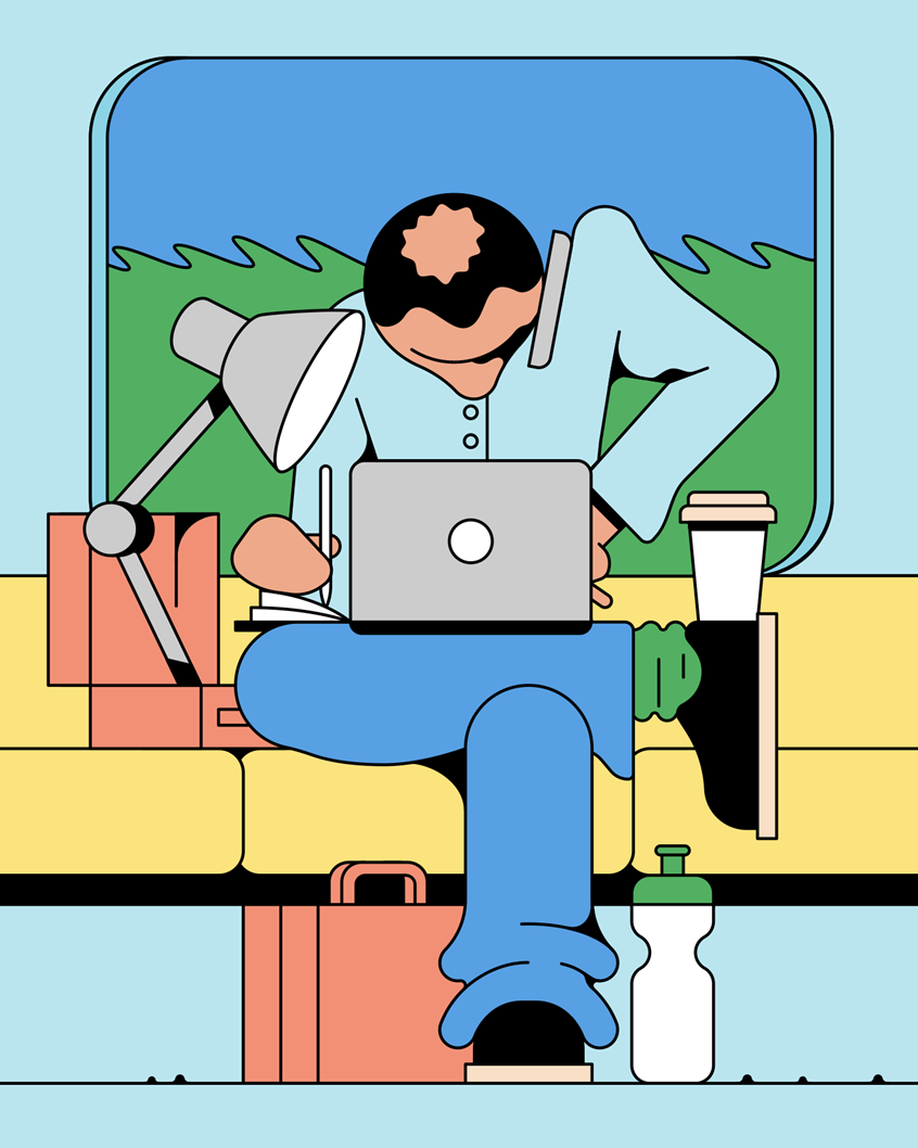 illustration of In a busy, chaotic work-life balance scene, a commuter sits on a train, working on a laptop, whilst balancing a cup of coffee on his foot. He's surrounded by a water bottle, briefcases, and an angle poise desk lamp.