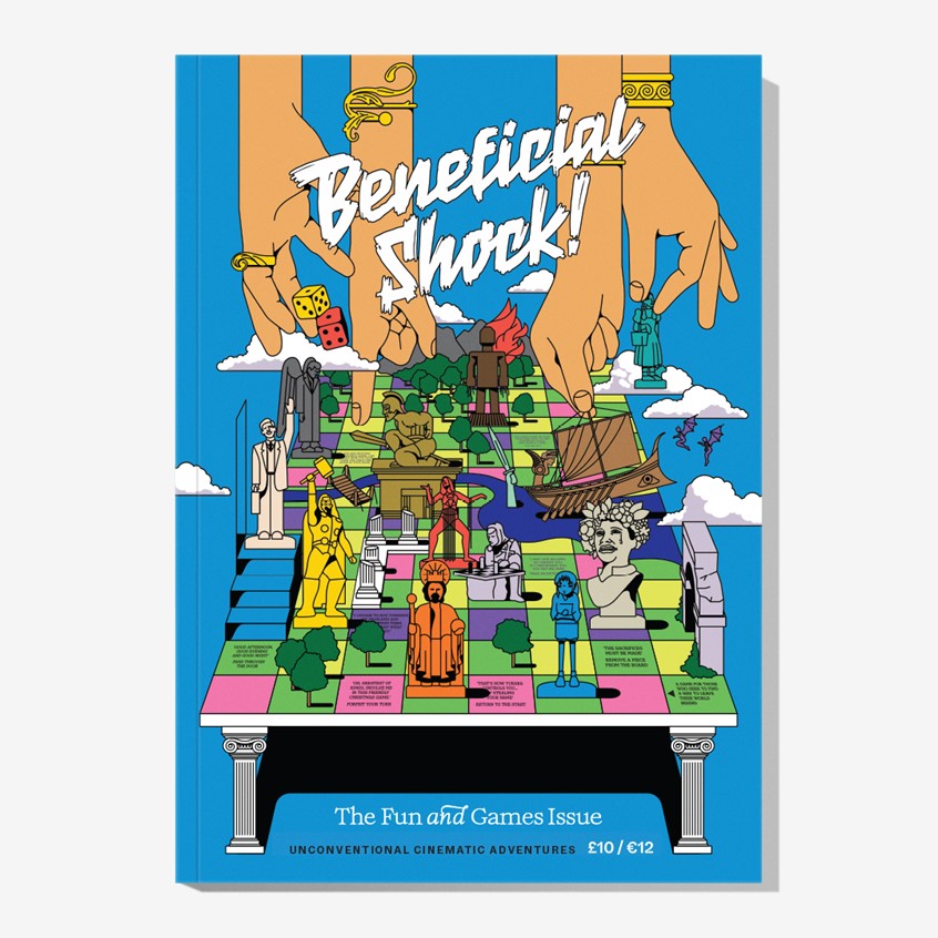 illustration of The cover for the latest issue of movie magazine Beneficial Shock. This issue’s theme was Fun & Games in cinema. Inspired by the board game played by the gods and controlling the fate of the Argo in the 1963 movie Jason & The Argonauts, the cover features an array of movie characters manipulated by divine or supernatural powers.
An animated version of the printed cover brings the scene to life through the magic of augmented reality.