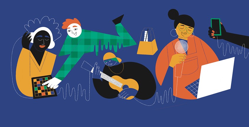 illustration of Double-page illustration for the 2023 winter issue of the Berklee Today magazine on the use of technology and digital media applied to music education in the school environment.