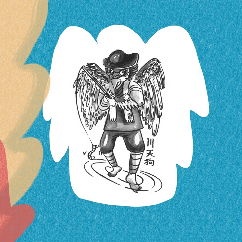 illustration of Kawa Tengu is a Japanese Yokai monster folklore in Kanto area. It is a kind of Tengu that prefers to make their homes near river. They usually remain invisible to humans, but are sometimes spotted on cloudy or rainy days wearing beautiful kimono and carrying umbrellas.
They enjoy playing pranks on humans, but rarely do any real harm.