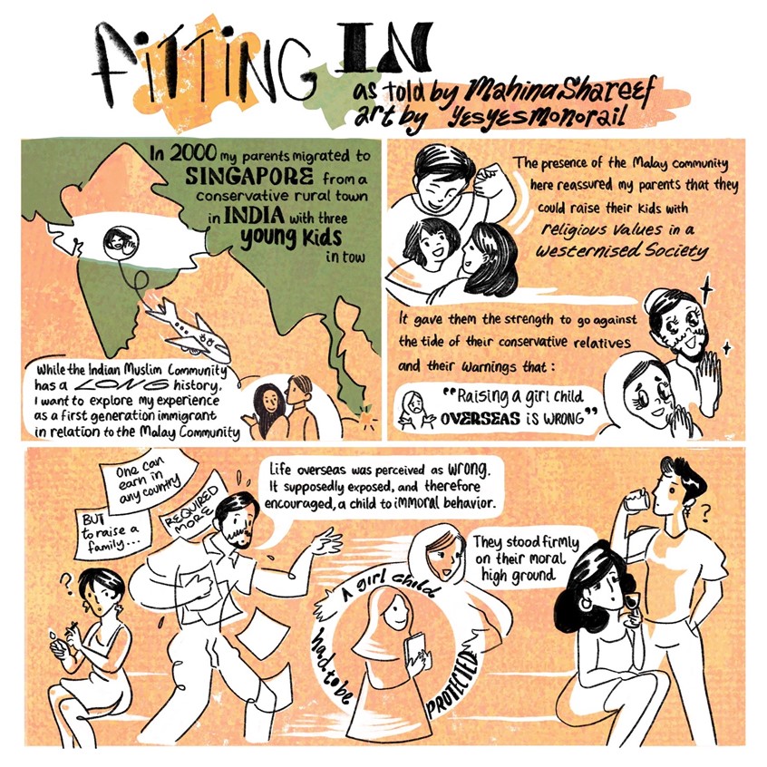illustration of Beyond the Hijab commissioned 3 illustrators to turn some previously published pieces into comics.
I brought Mahina Shareef's unforgettable personal piece “Fitting In