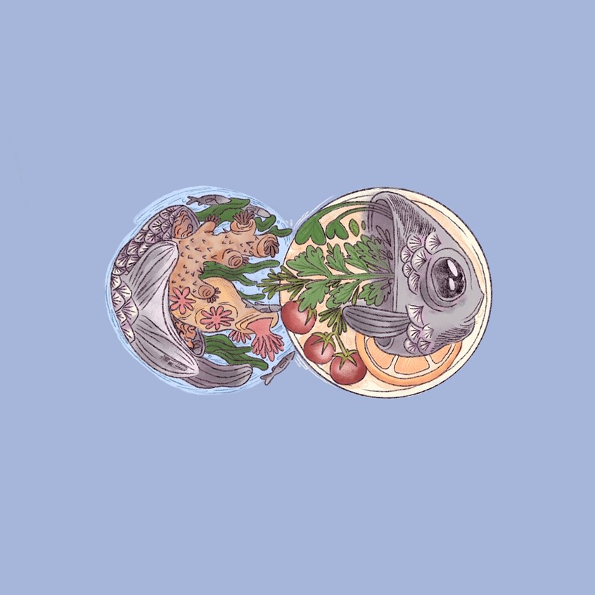illustration of Guest artist for April 2020 Asymptote, the site for world literature in translation. Their Spring 2020 edition, they feature new stories from 30 countries and 24 languages.
#fish #oranges #vegetables #tomatoes #coral #infinity