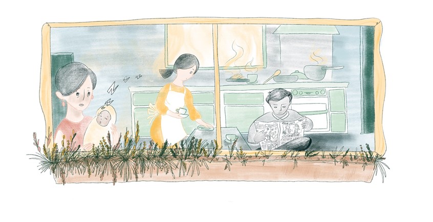 illustration of A friend once shared that in her conservative family the men in her family gets served first during meal times and were given the best cuts of the chicken during family events and celebrations. The women ate later whatever was left.
#window #room #baby #family #housewife #sleep #home