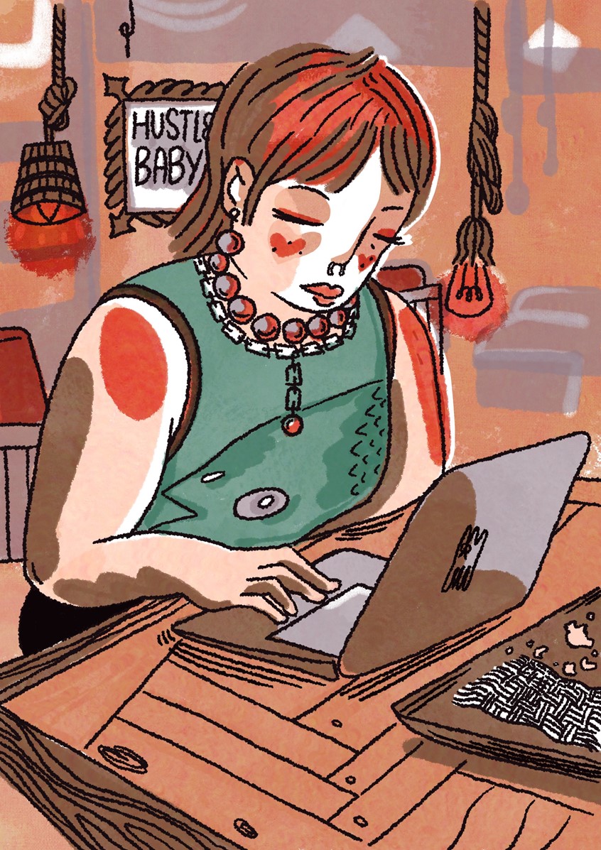 illustration of A moment of quiet intensity: my friend, a photographer, working on her laptop in a cozy café. Was she stealing a nap or hyper-focused on her craft?