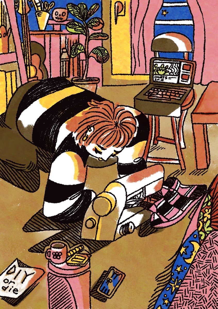 illustration of This piece captures a friend immersed in her 'DIY or die' punk lifestyle, sewing her own clothing on the floor of her studio. The illustration reflects her commitment to creativity, independence, and self-expression—values that resonate strongly in the punk community.
