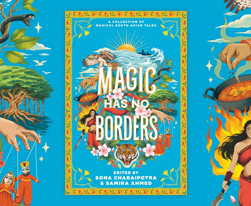 illustration of Book cover design for 'Magic has no borders' - an anthology of reimagined South Asian folklore edited by Samira Ahmed and Sona Charaipotra. Harper Collins Publication.