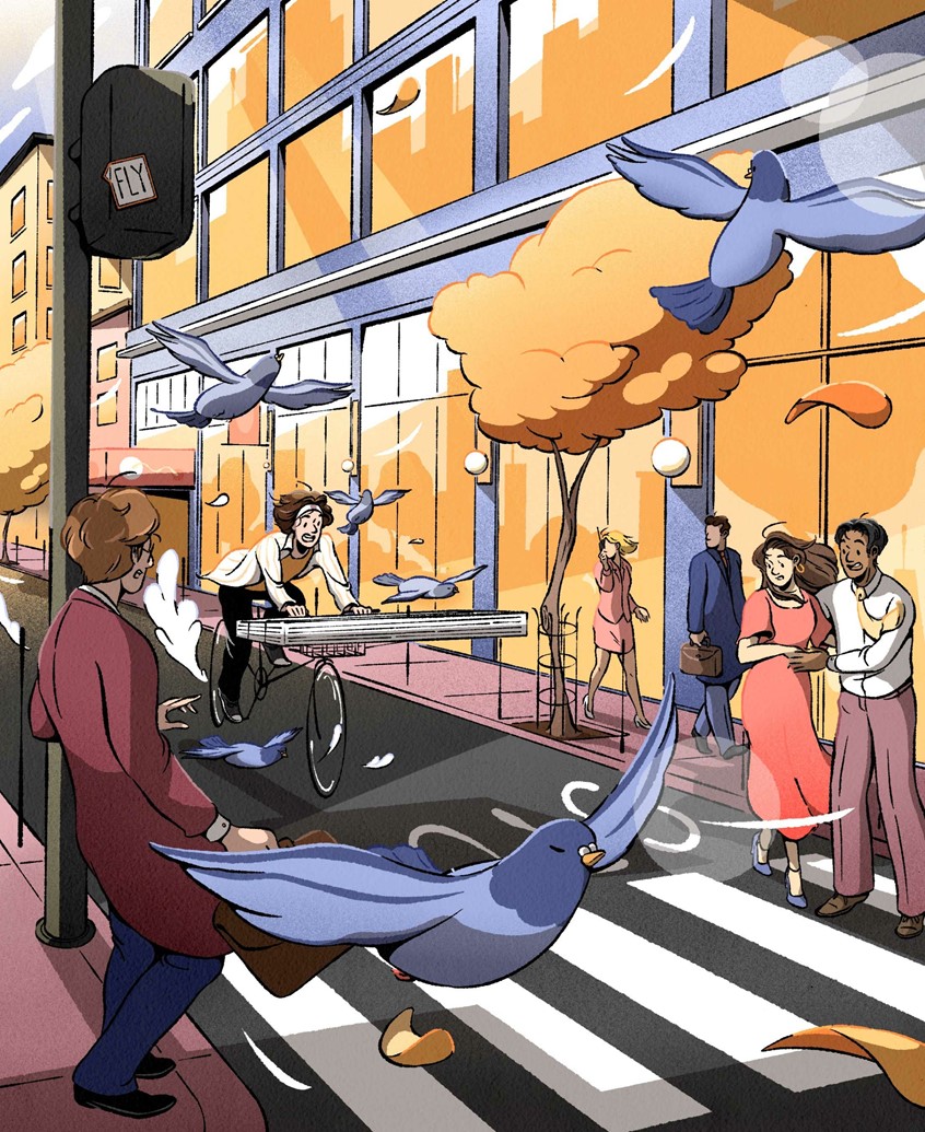 illustration of Nien-Ken Alec Lu represented by Folio Art // Scenic illustration of a city street with expressive characters, Fall colours and pigeons creating a dramatic narrative.