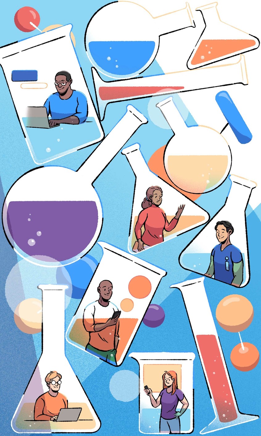 illustration of Nien-Ken Alec Lu represented by Folio Art // Conceptual illustration of science lab equipment, using the negative space to contain mini-scenes with different people at work inside.