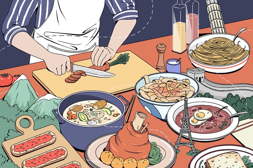 illustration of Nien-Ken Alec Lu represented by Folio Art // Conceptual illustration of a person cooking, where the food is surrounded by or morphs into landmarks around the world, to represent their origin.