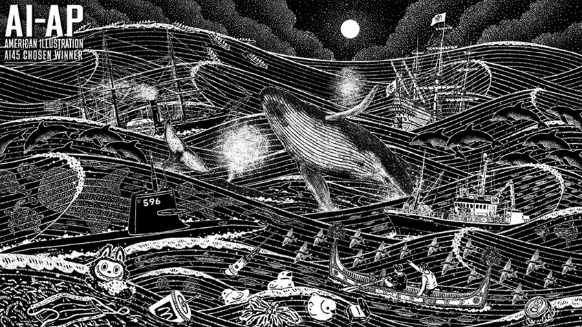 illustration of In dramatic black and white, this illustration for The Econoimist traces the Kuroshio current's crucial role as a powerful source of physical connection in East Asia. The waves carry various historic and modern vessels, voyagers, marine life, and- as we can see in the foreground — the debris that has become the hallmark of modern society's relationship with nature.
AWARD: American Illustration 45