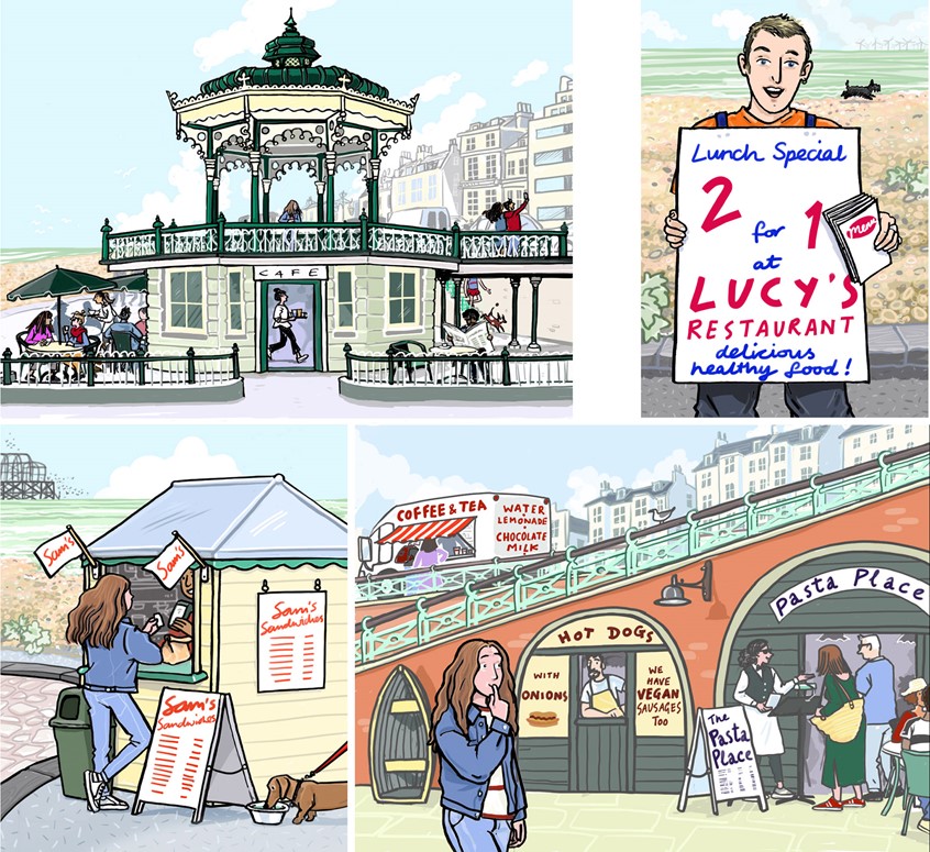 illustration of graphic, novel, storyboard, summer, beach, holiday, architecture, British, dog, people, cafe, restaurant, teen, fiction, language, education, leisure, lifestyle, sea, ocean, seaside
