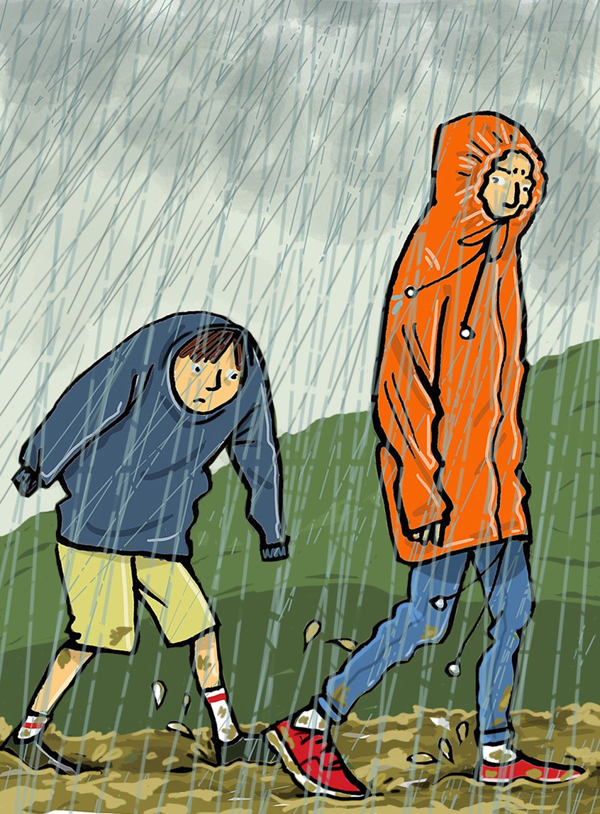 illustration of weather, autumn, summer, winter, rain, miserable, disappointed, cold, cross, angry, enjoyment, outdoors, waterproof, mud, countryside, sky, clouds, grey, gray, grim, nature, holiday, hike, trek, clothes