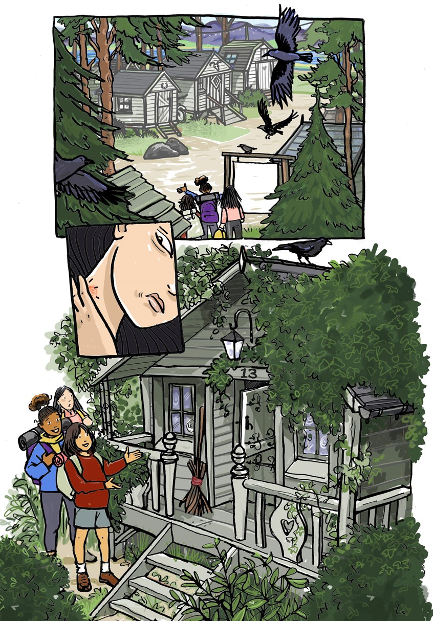 illustration of spooky, scary, forest, woods, wooden, shack, house, cabin, ivy, crows, nature, insects, mosquito, camp, friends, anxiety, uncomfortable, nervous, confidence, fear, mental, health, well being, emotional, girls, middle grade, graphic novel, storyboard, fiction, narrative, nature, animals, outdoors, holiday, nightmare, away from home,