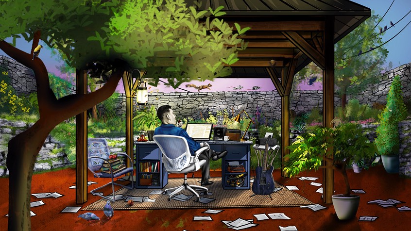 illustration of A narrative digital illustration of a man sitting at a desk in his backyard. An author commissioned the piece to illustrate that his office is wherever he is at the moment. He specifically requested his backyard. Figurative narrative, working, desk, office, blues, and greens, floral, animals, guitar