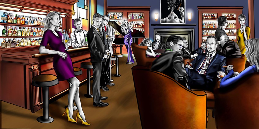 illustration of Digital illustration for Madpipe, a problem-solving company that thinks outside the box. The request was to depict an after-hour get-together in a masculine-style lounge atmosphere.
vibrant, noir, interior rooms, multiple people, crowd, beverages,