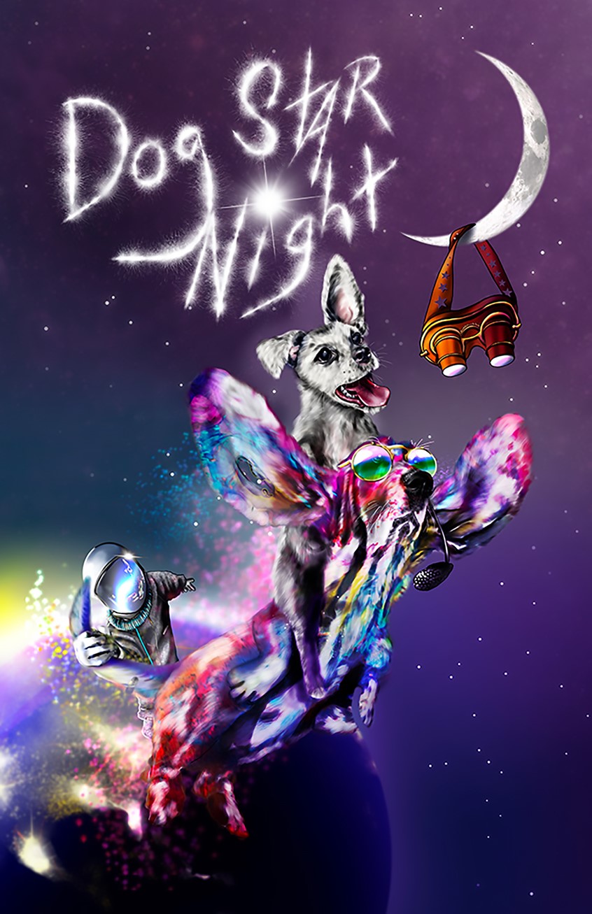 illustration of Cover art for a book about a multi-colored Basset Hound that flies and her terrier side-kick Pup. They take a young boy, Benny, to the DogStar, Dog Heaven. It's a young children's book about coping with death and bullying.
Dogs, outer space, galaxy, cosmos, vibrant colors, blue, purples, pinks,