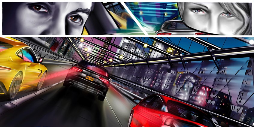 illustration of A digital illustration of a visual metaphor for Search Engine Optimization for Madpipe. The fastest car wins in a city with distracting content, and Madpipe is in the driver's seat.
cityscape, Brooklyn Bridge, cars, automotive, racing, vibrant, noir, night, lights