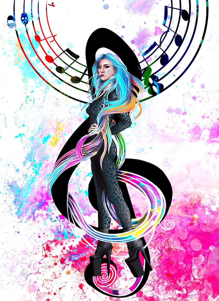 illustration of Full figure illustration of Lady Gaga intertwined with a treble clef.
Vibrant colors, fashion, colored hair, music, paint splashes, watercolor, pop art, likeness