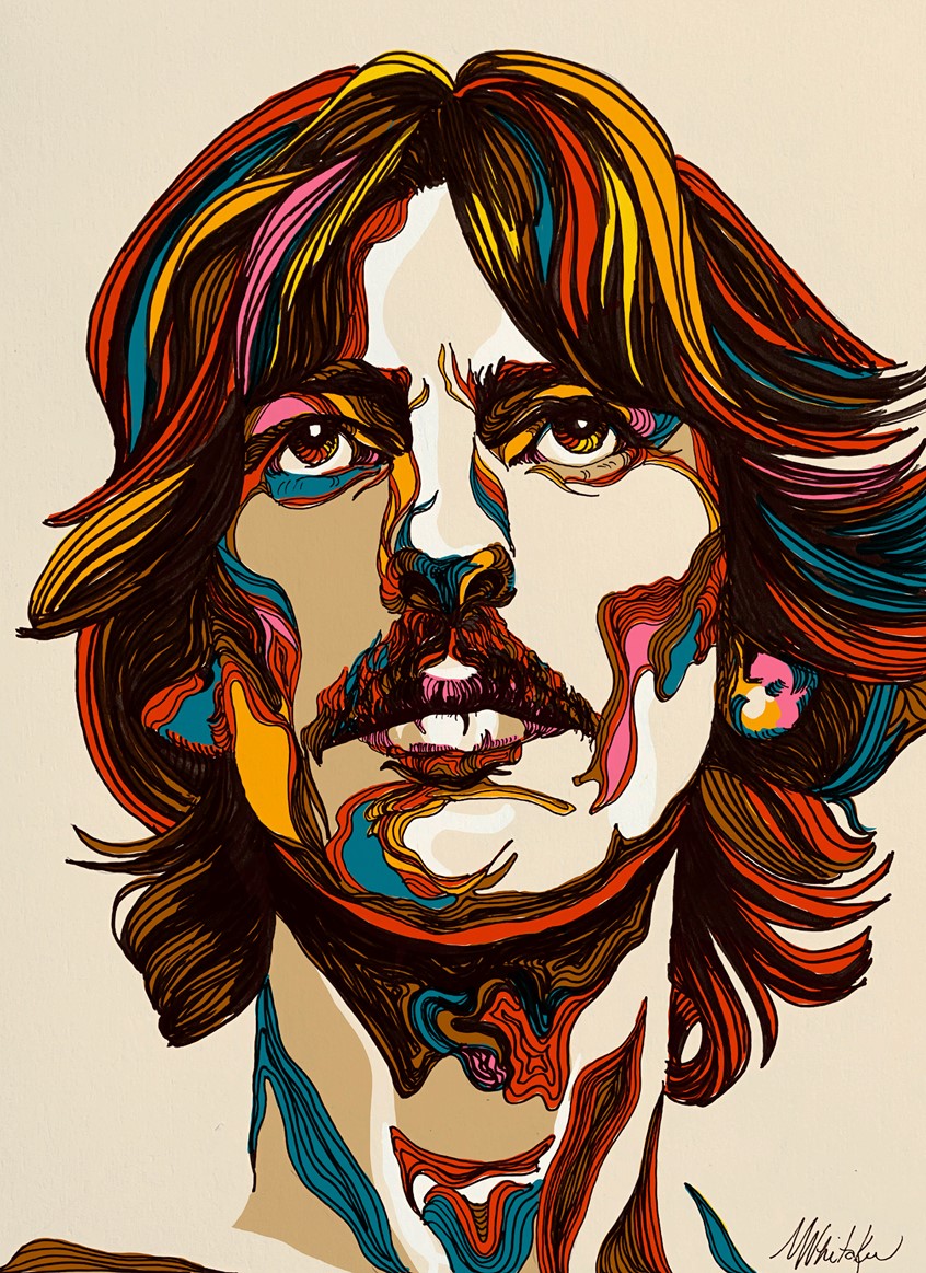 illustration of A portrait of George Harrison was created with pen and ink on Bristol paper and colored digitally.
multi-colored, earth tones, expressionistic portrait, pop art, celebrity likeness,