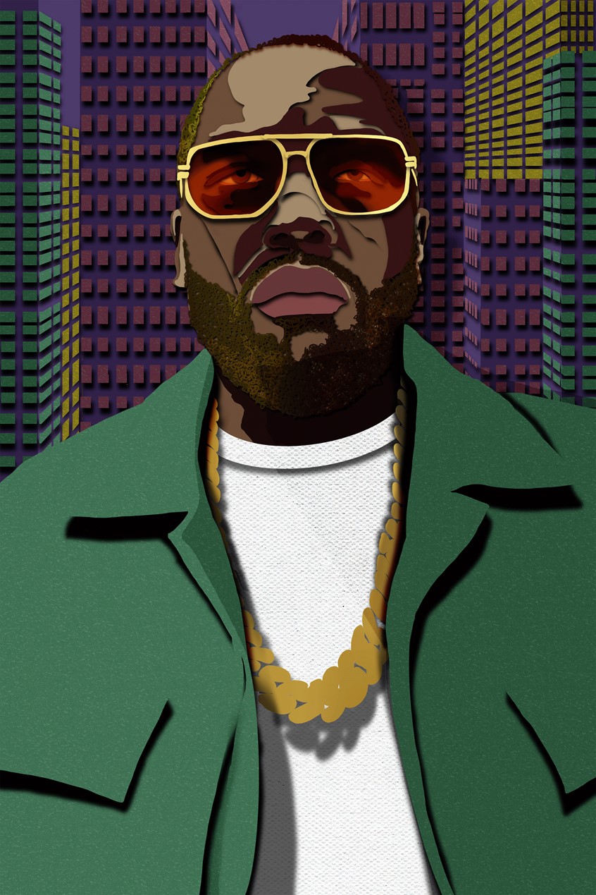 illustration of This is a portrait of the musician known as Killer Mike. It was created for Drawing Hive's tribute to the Grammys with Visual Arts Passage.
likeness, green, purple, POC, cut paper, city, urban,