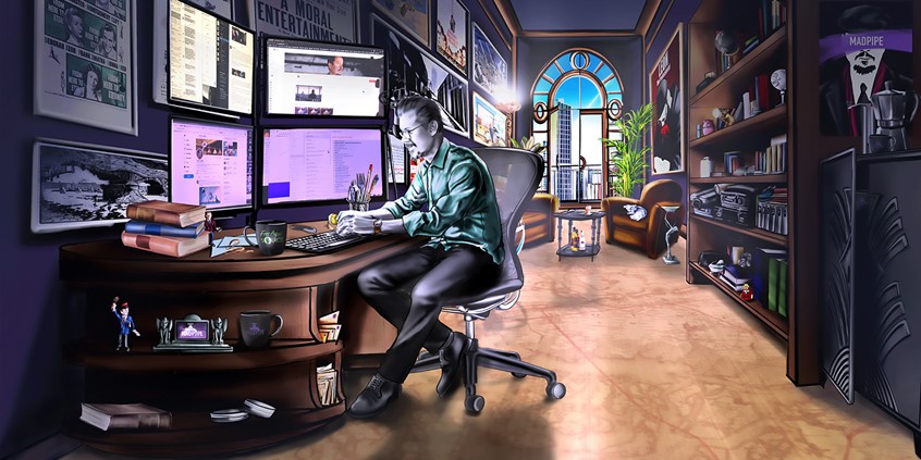 illustration of A narrative digital illustration of a man sitting at a desk in his home office. The client commissioned the piece to illustrate his 'imagined' office to be used for marketing banners on social media sites and web use.
Figurative narrative, working, desk, office, blues, greens, purples, furniture, interior room, detailed, vibrant, noir, business