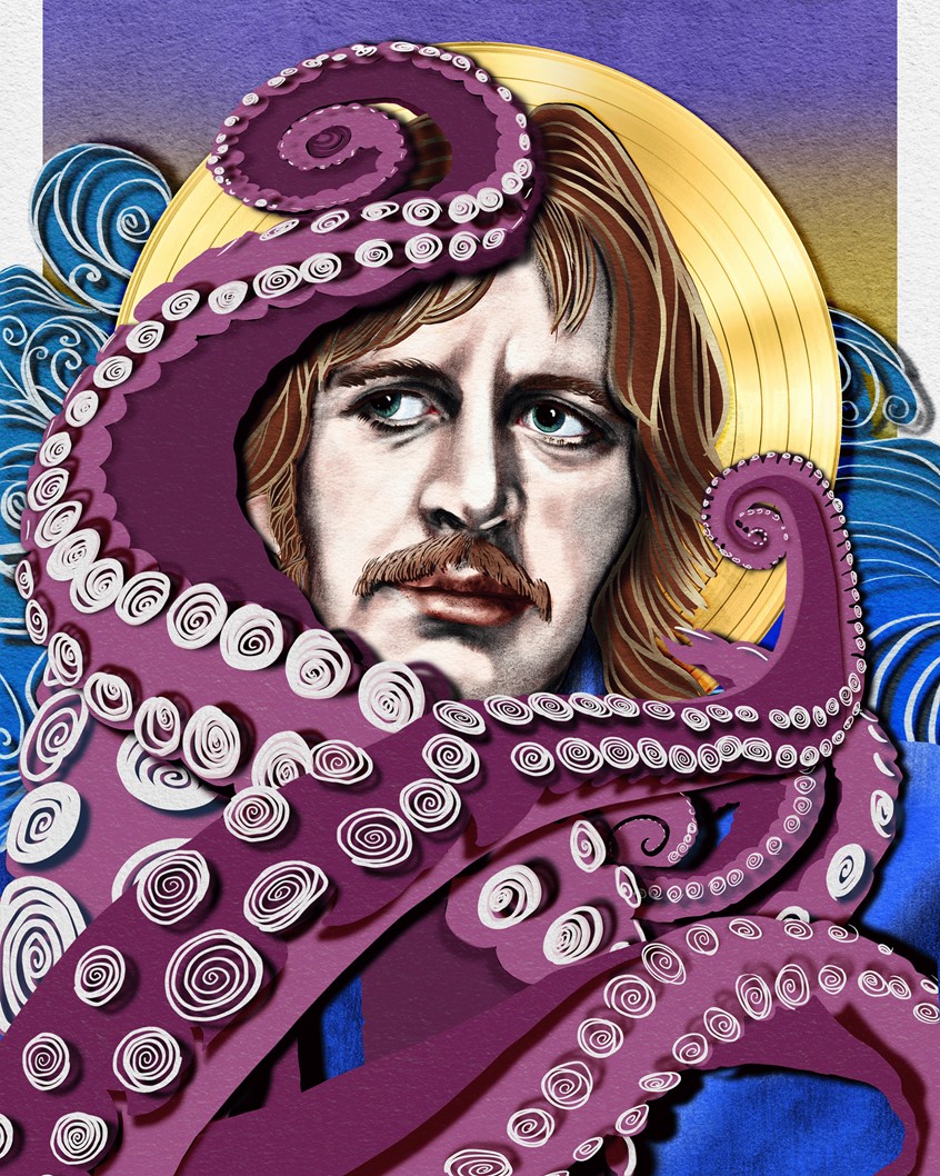illustration of A digital portrait of Ringo Star with a cut-paper Octopus. Capturing the whimsical, fun side of Ringo Star and his song An Octopus' Garden. Blues, purples, gold, waves, ocean, tentacles, and swirling lines.