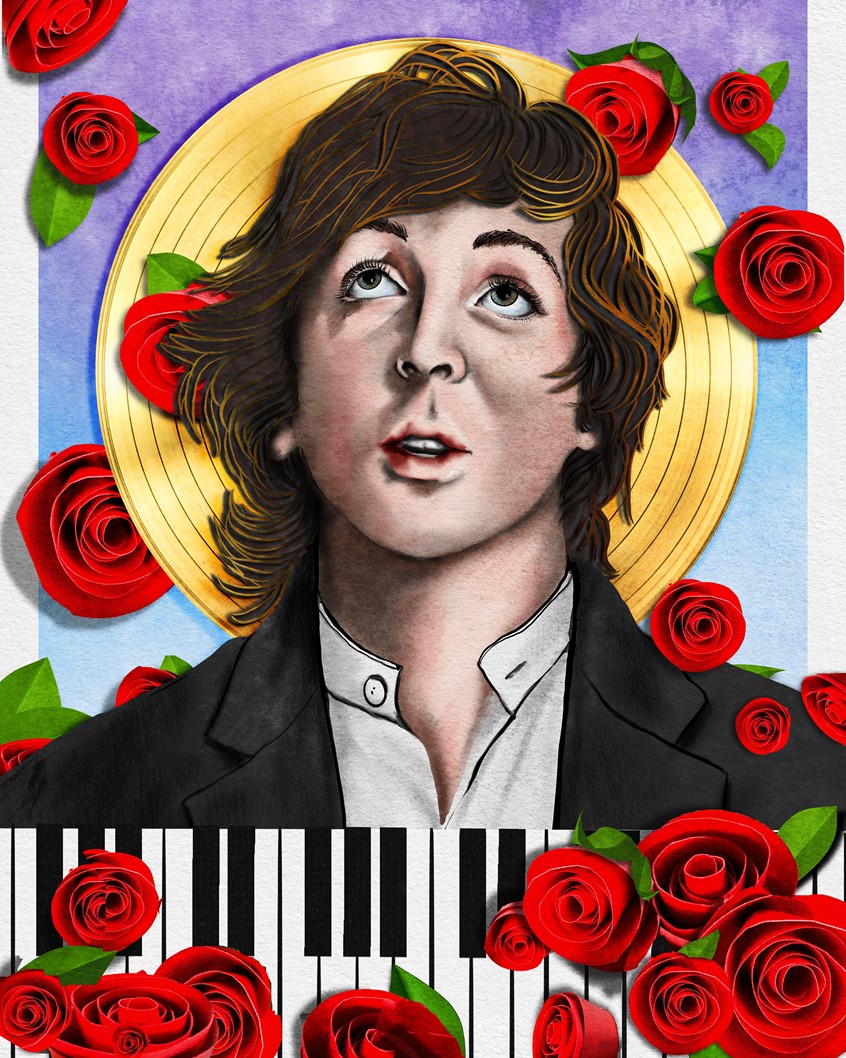 illustration of A digital portrait of a young Paul McCartney, with paper roses falling from the sky and capturing the romantic side of Paul. Roses were made from paper, photographed, and then placed and layered on the image with Photoshop. Bright colors, primary color scheme, roses, piano keyboard, floral, cut paper,