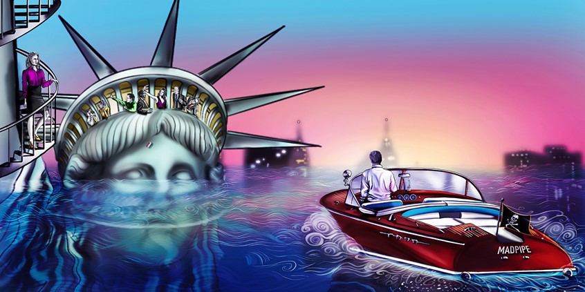 illustration of A digital illustration for Madpipe, a problem-solving company that thinks outside the box. This image was for their website page about messaging. Even when everything else is chaotic or apocalyptic, business goes as usual, and Madpipe will rescue you.
Statue of Liberty, NYC, water, waves, boat, selfie, vibrant, blue, pink, purple