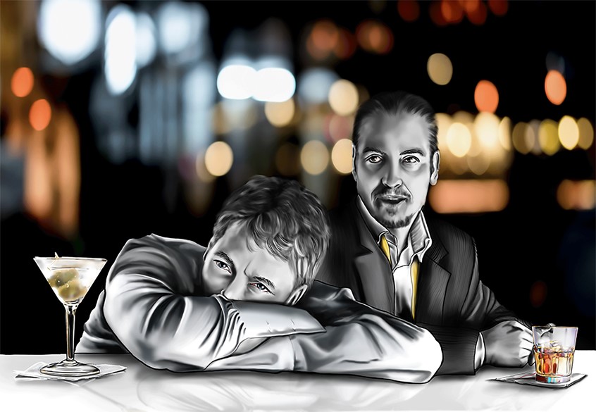 illustration of I created digital illustrations for Free Agent Source, a consulting firm for corporate clients. I was commissioned to uniquely illustrate their website and other marketing material, translating their company story and mission.
monochrome, greyscale, alcohol, bar, noir, pop of color