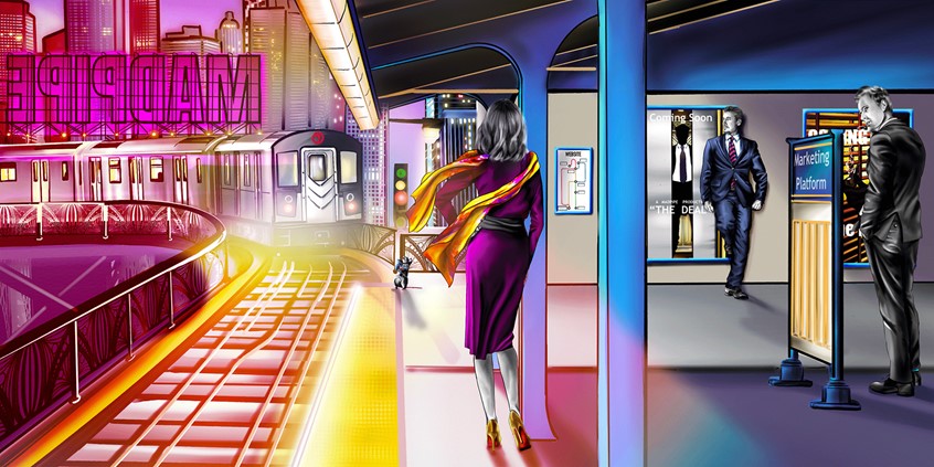 illustration of I created digital illustrations for Madpipe, a problem-solving company that thinks outside the box. I was commissioned to illustrate their website's Hero images.
subway, train, transportation, vibrant colors, noir, rat, people,
