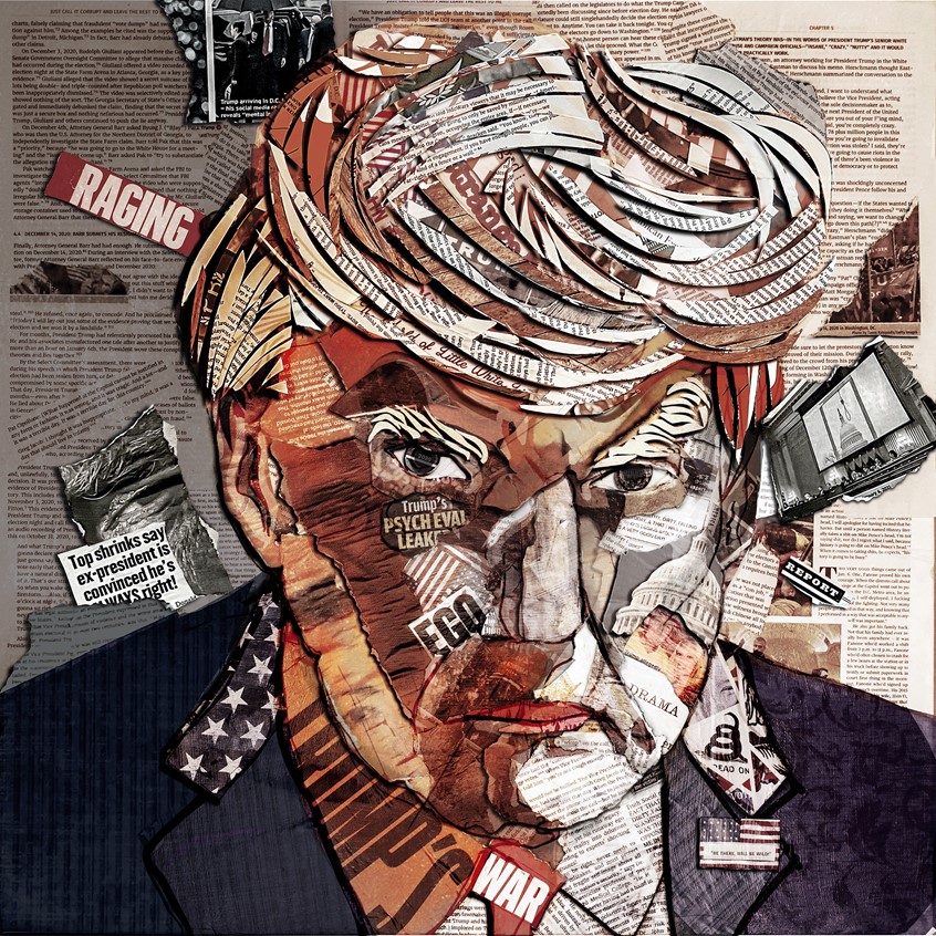 illustration of Collage on Canvas of Donald Trump's infamous mug shot. The portrait consists of various newspaper, magazine articles, and The January 6th report. overlayed with orange cellophane and then layered in Photoshop.
collage, paper, political, commentary, blue, orange, newsprint