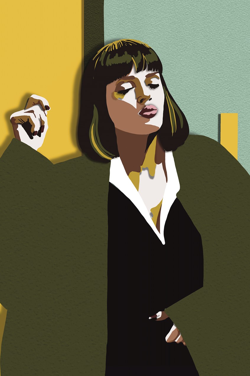 illustration of A cut-paper portrait of Uma Thurman as Mia Wallace in the movie Pulp Fiction.
Winner of Award of Excellence in CQ73
earth tones, green, yellow, pop art, minimalist