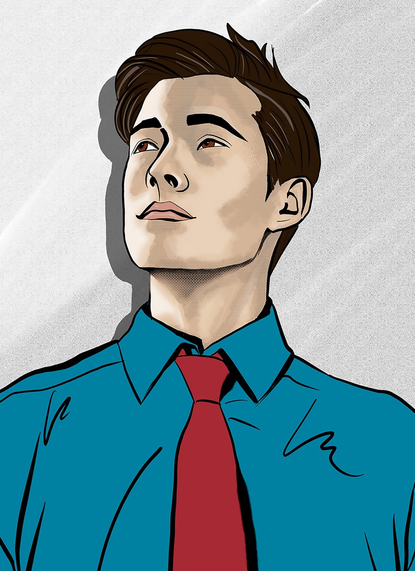 illustration of Graphic novel-inspired portrait for a business employee of a Freelance business consulting company. The client requested illustrations in a graphic novel style for a recruiting brochure for sales force consultants.
