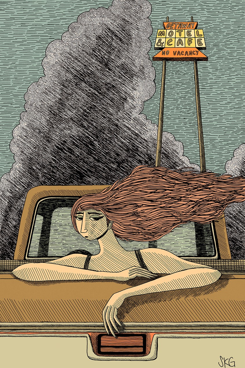 illustration of Abby Leigh hangs out in the back of her pick-up truck, which broke down in the parking lot of some roadside dive along Route 28, because the AC is broken and it's hot at the end of July here in the middle of nowhere Texas, and the wind, flash-bruned by the day's sun, blows over the high plains and nothing seems like it's going to work out.