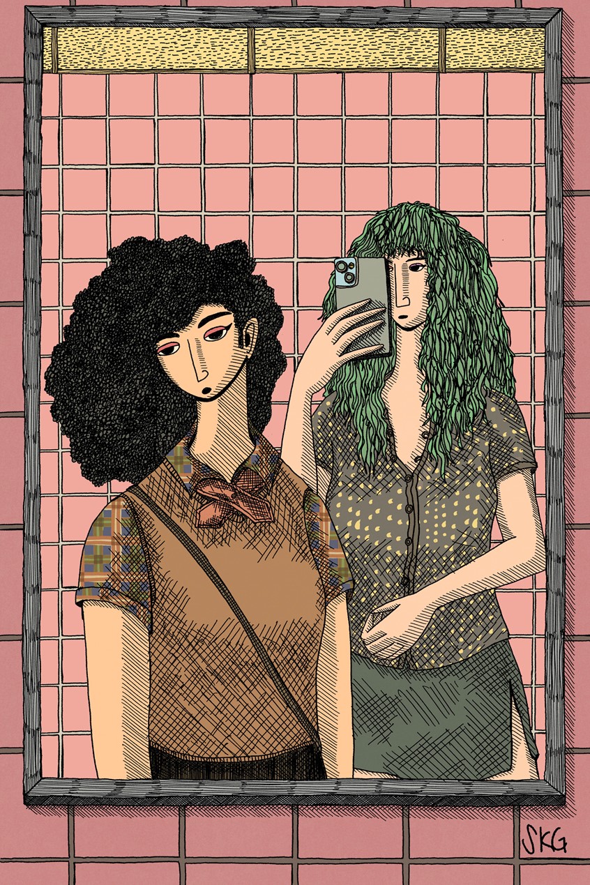 illustration of Bettina and Maude pose in the bathroom at the diner they ate dinner at getting pumped for the house party they have ahead and assess each other's outfits wondering what the other is wearing would be better suited for themselves.