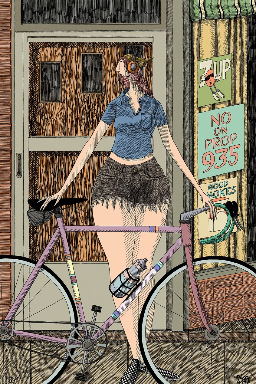 illustration of Sometimes you find yourself exploring unexplored parts of town on the back of your single-speed drop-bar. You stop at closed businesses, frozen in time because they shut so quickly and haphazardly that if you went in, you'd swear you stepped through a portal to the past. But you don't have your lock and it's not a good area, you've been told that if you blink you'll find your ride stolen, so you imagine what lays inside, thinking, I, Lara Curtis, will one day enter these closed shops.