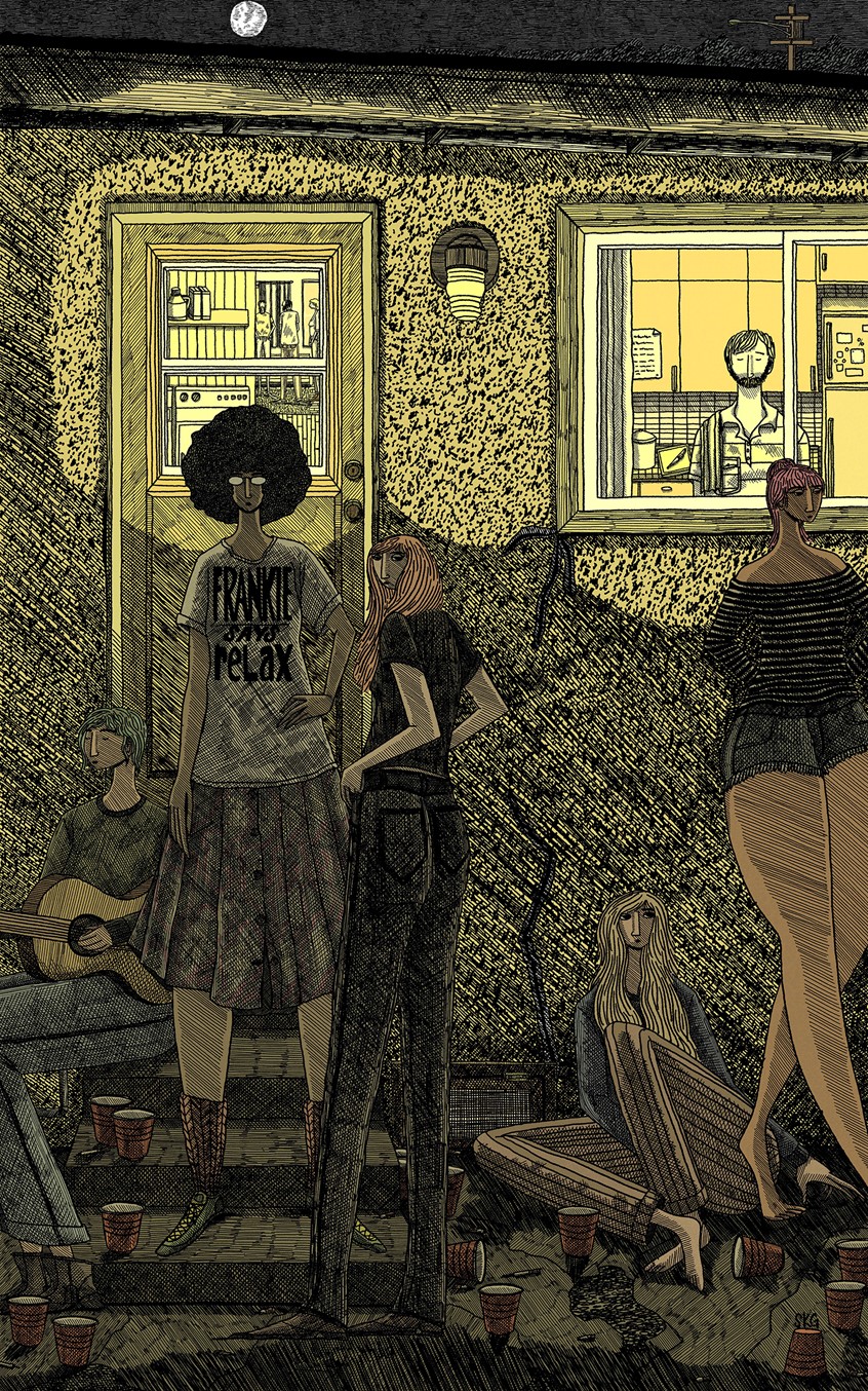 illustration of
That Night They Rode Through a Region Electric and Wild
As the party winds down, a group of friends hang out on the back patio enjoying the last shreds of the good times before everyone is either sent home or crashes, though some are a bit annoyed by the artist interrupting their chill time.