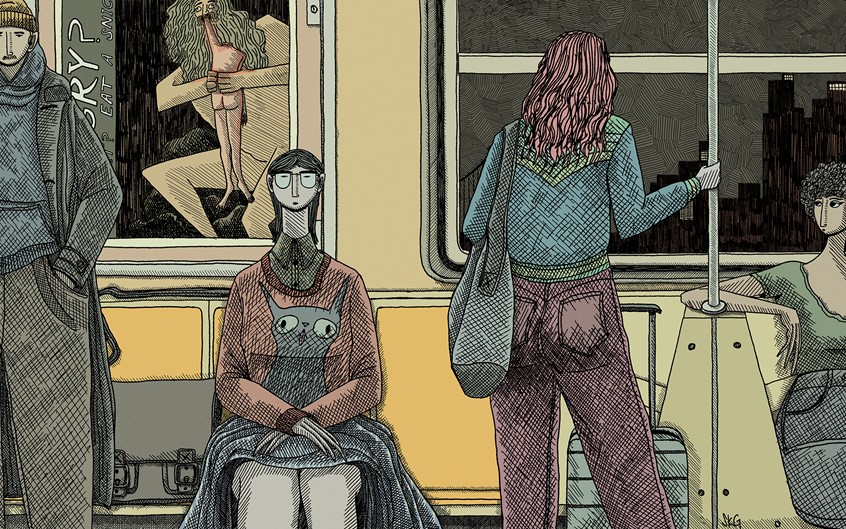 illustration of The subway home, even this late at night, it's never empty, and passengers, while trying not to look at each other too directly, are still looking for companionship to weather the misery of the hour, even brief, they hope they will find a connection.